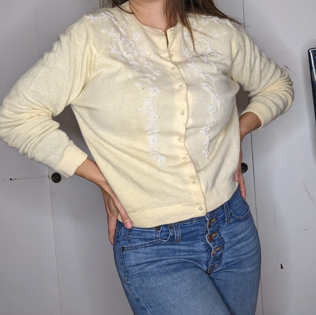 Vintage 60's Beaded Wool + Angora Cream Cardigan